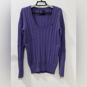 Women's American Eagle Y2K Cable Knit Sweater Purple V Neck Long Sleeve Sz Large